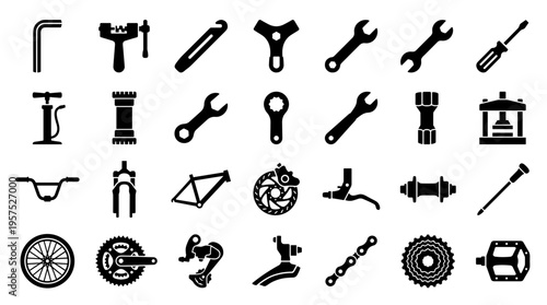 Collection of bicycle parts and tools for repair and maintenance, isolated on white background, graphic resource for cycling enthusiasts and mechanics