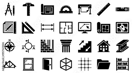 Collection of architectural and construction icons representing blueprints tools measuring devices and building elements for design and engineering projects