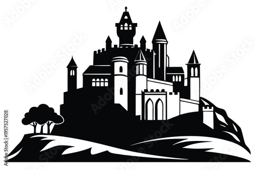 irish castle silhouette line art vector illustration