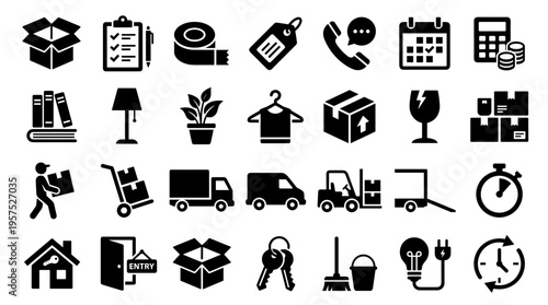 Collection of moving and logistics icons representing services like packing delivery transport storage and home relocation with essential tools and supplies