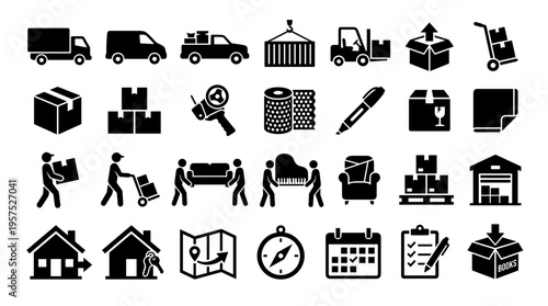 Collection of moving and logistics icons representing transportation delivery boxes storage and relocation services with houses and calendar for planning