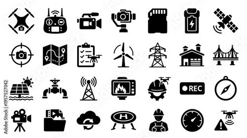 Collection of drone technology and renewable energy icons representing modern innovation and industrial progress