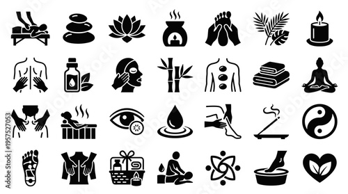 Collection of spa and wellness icons representing massage therapy hot stones aromatherapy and meditation for relaxation and health