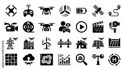 Drone technology icons set for aerial survey, surveillance, delivery, and infrastructure inspection