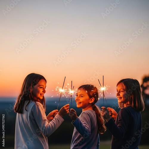 Three young girls holding sparklers at sunset