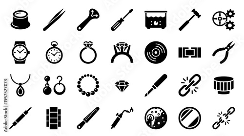 Collection of jewelry making tools and symbols icons representing craftsmanship and design in the jewelry industry