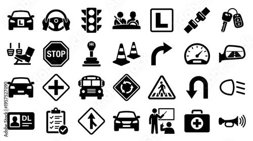 Collection of driving school and traffic symbols icons representing driving lessons car safety and road rules for education and information