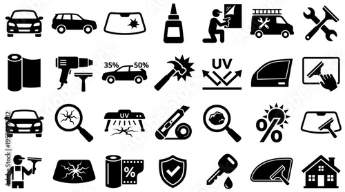 Car window tinting service icons set representing car protection, UV rays, heat rejection, privacy, and professional installation tools