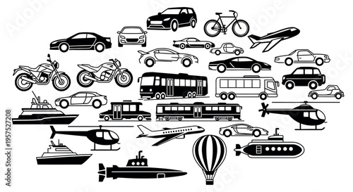 Collection of various black and white transportation icons featuring vehicles for land air and sea