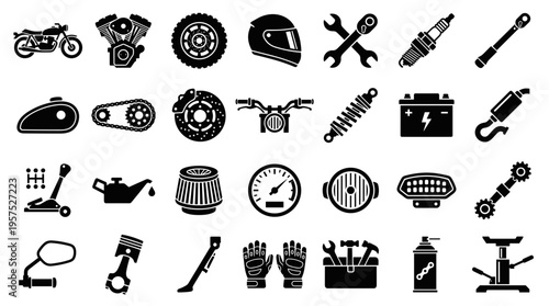 Collection of black and white motorcycle parts and tools icons representing mechanics and repair services for vehicles