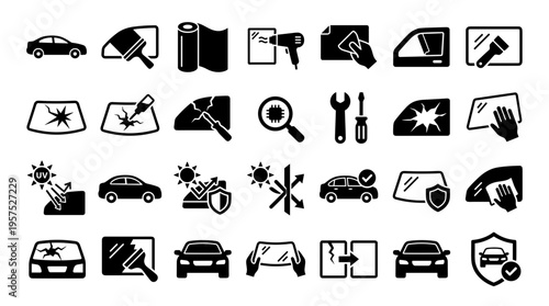 Collection of car window repair and protection icons illustrating services like tinting, crack repair, and sun protection for automotive glass