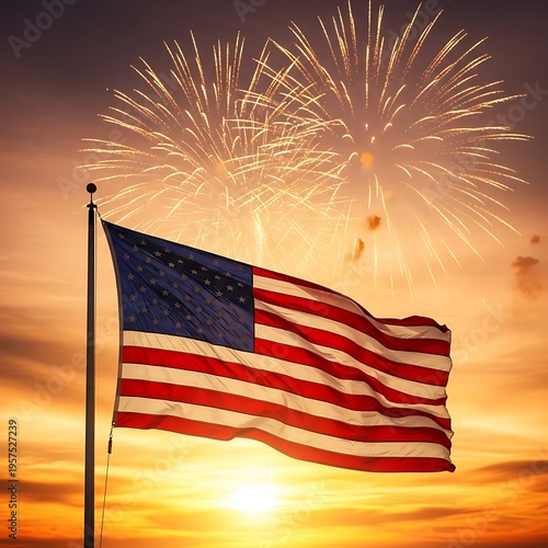 American flag waving with fireworks display at sunset