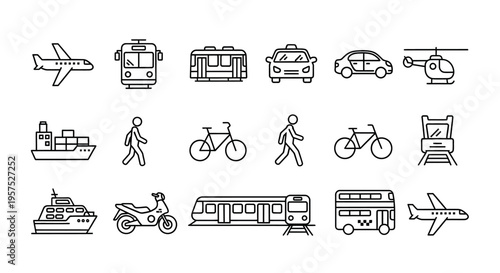 A collection of eighteen black and white line art icons representing various modes of transport