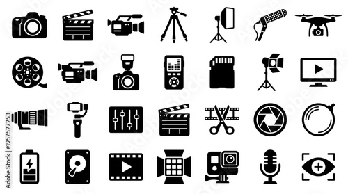 Collection of professional video production and filmmaking equipment icons for digital media creation and content development