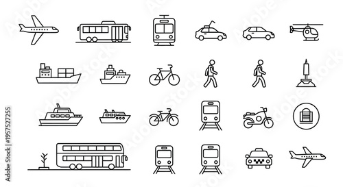 A collection of black and white line art transportation icons showing various modes of travel methods
