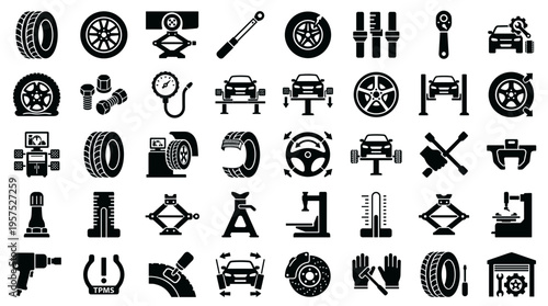 Collection of car repair and maintenance icons representing tire service, auto diagnostics, vehicle lifting and mechanical tools for automotive workshop and garage services