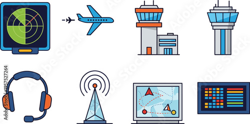 Air Traffic Control and Aviation Vector Icon Set Featuring Radar, Airplane, Control Tower, Headset, Signal Antenna and Navigation Systems