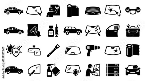 Car window tinting service icons set for auto repair and customization services including installation tools and UV protection symbols