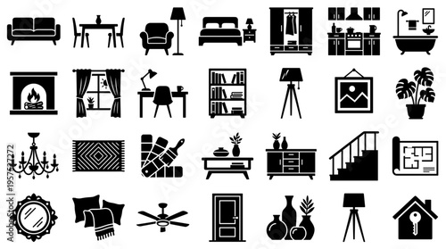 Collection of interior design elements and home furnishings icons representing furniture, decor, and room layouts for interior design and home improvement concepts