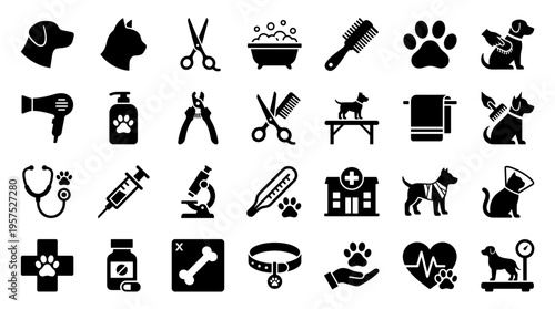 Veterinary Icons Collection Representing Pet Care Health and Medical Services for Animals