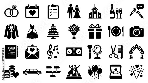 Collection of wedding icons representing various elements of a wedding celebration and ceremony including rings, attire, cake, venue, music, and reception details