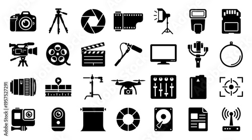 Collection of professional photography and videography equipment icons and symbols for digital media creation and content production