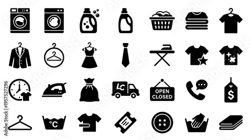 Collection of laundry and dry cleaning service icons and symbols representing washing drying ironing and clothing care for commercial use