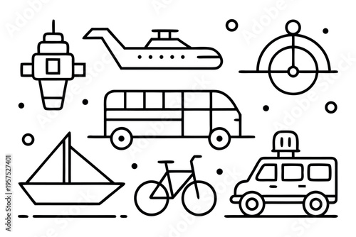 A collection of simple black and white line art illustrations depicting various modes of transport