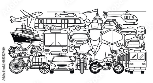 A detailed black and white line art illustration featuring various modes of transport and a driver