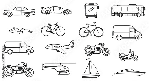 A collection of various outline icons representing different modes of modern transportation vehicles