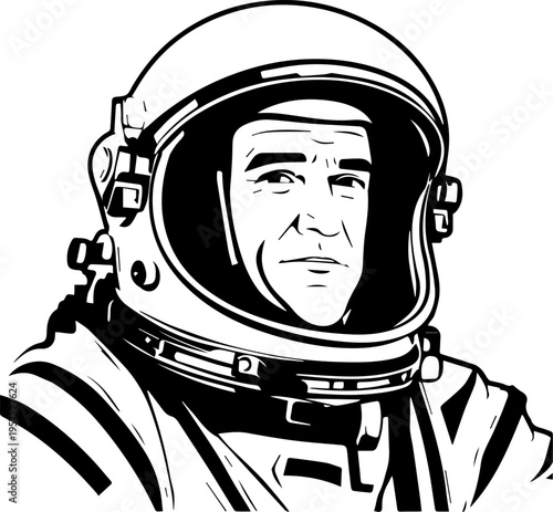 Hand Drawn Male Astronaut Black and White Avatar Illustration in Minimal Line Art Style Design