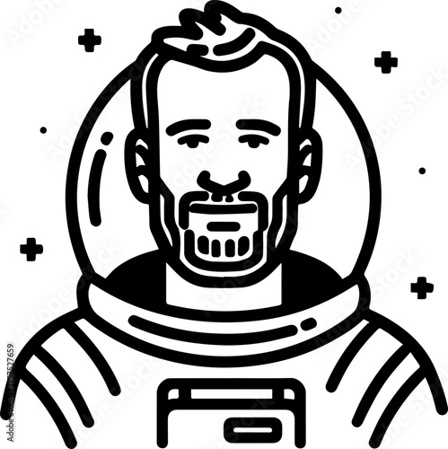 Hand Drawn Male Astronaut Black and White Avatar Illustration in Minimal Line Art Style Design