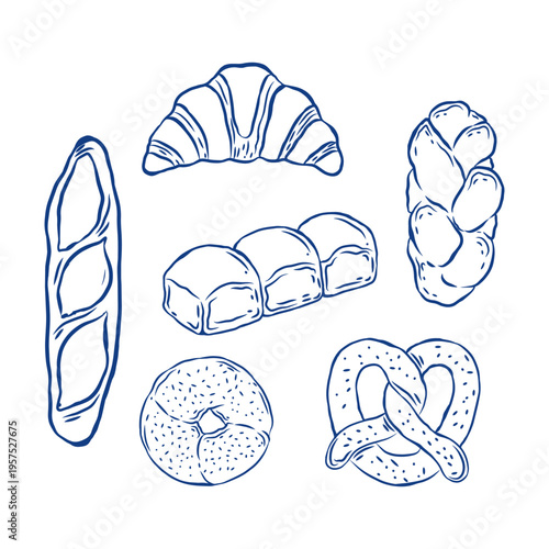 Hand Drawn Bread Set Outline Illustration – Baguette, Croissant, Milk Bread, Challah, Bagel, Pretzel