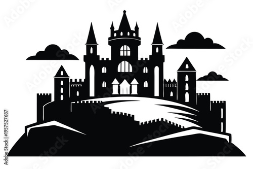 irish castle silhouette line art vector illustration