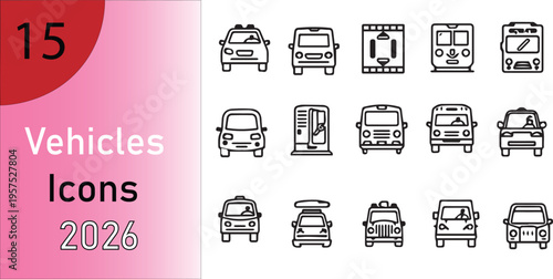 Set of 15 Outline Vehicles Icons Vector for Transportation, Travel, and Logistics Design