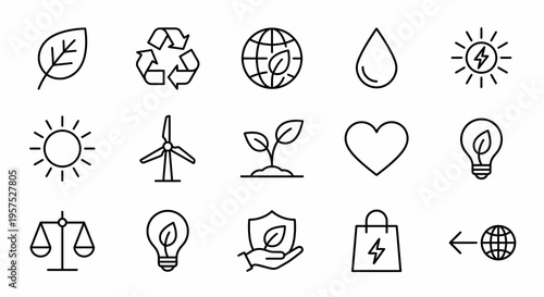 Ultra-minimalist line-style web icons for corporate ESG and environmental sustainability. Green energy, recycling, and ethical governance symbols collection. Clean vector illustration for sustainabili