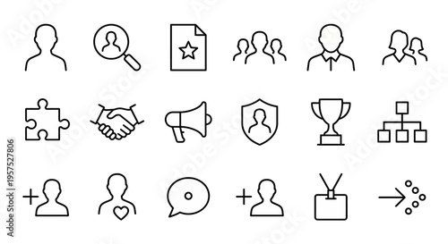 Ultra-minimalist line-style web icons for human resources and corporate culture. Recruitment, team building, and professional recognition symbols collection. Clean vector illustration for HR apps, tal