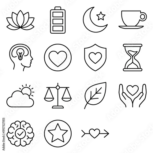 Ultra-minimalist line-style web icons for mental health and corporate wellness. Meditation, energy, balance, and self-care symbols collection. Clean vector illustration for wellness apps, HR dashboard