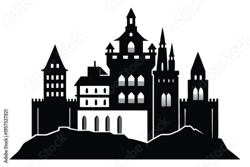 irish castle silhouette line art vector illustration
