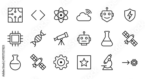 Ultra-minimalist line-style web icons for women in technology and STEM. Circuitry, code, science, and digital innovation symbols collection. Clean vector illustration for tech platforms, engineering d