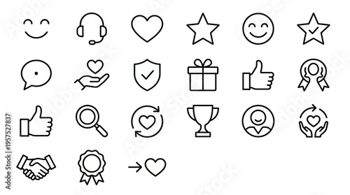 Ultra-minimalist line-style web icons for customer success and client relationship management. Support, loyalty, and feedback symbols collection. Clean vector illustration for CRM apps, service dashbo