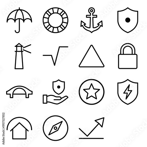 Ultra-minimalist line-style web icons for crisis management and business resilience. Protection, recovery, and stability symbols collection. Clean vector illustration for risk management apps, leaders