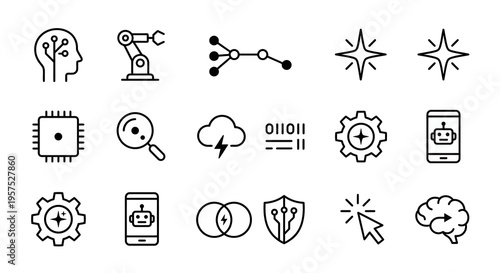 Ultra-minimalist line-style web icons for AI and the future of work. Neural networks, robotics, and digital intelligence symbols collection. Clean vector illustration for tech-forward apps, AI dashboa