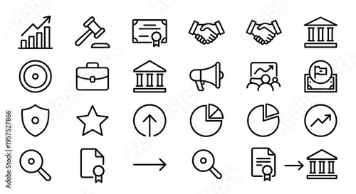 Ultra-minimalist line-style web icons for investor relations and corporate finance. IPO, stock certificates, and equity symbols collection. Clean vector illustration for fintech apps, investor dashboa