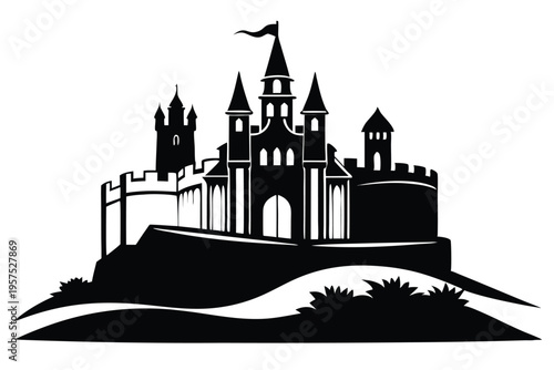 irish castle silhouette line art vector illustration