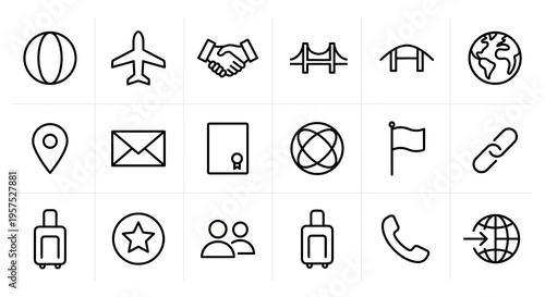 Ultra-minimalist line-style web icons for international networking and corporate diplomacy. Globes, airplanes, handshakes, and global connection symbols collection. Clean vector illustration for diplo