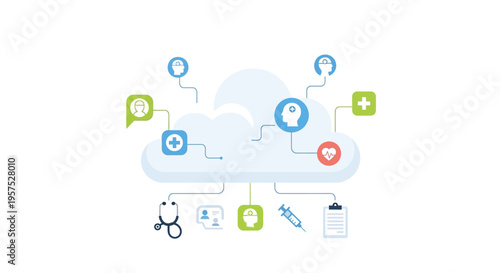 Cloud Healthcare Network: Digital Medical System with Patient Data, Telemedicine & Integrated Health Services Icons