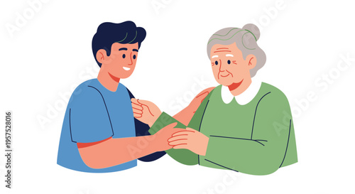 Young Man Comforting Elderly Woman Illustration: Intergenerational Support and Compassion