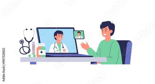 Telemedicine Consultation: Patient Talking to Doctor Online via Video Call with Medical Supplies