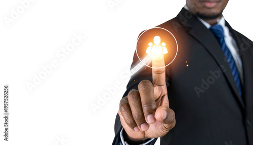 A businessperson's finger pointing toward a glowing group icon, a growing concept